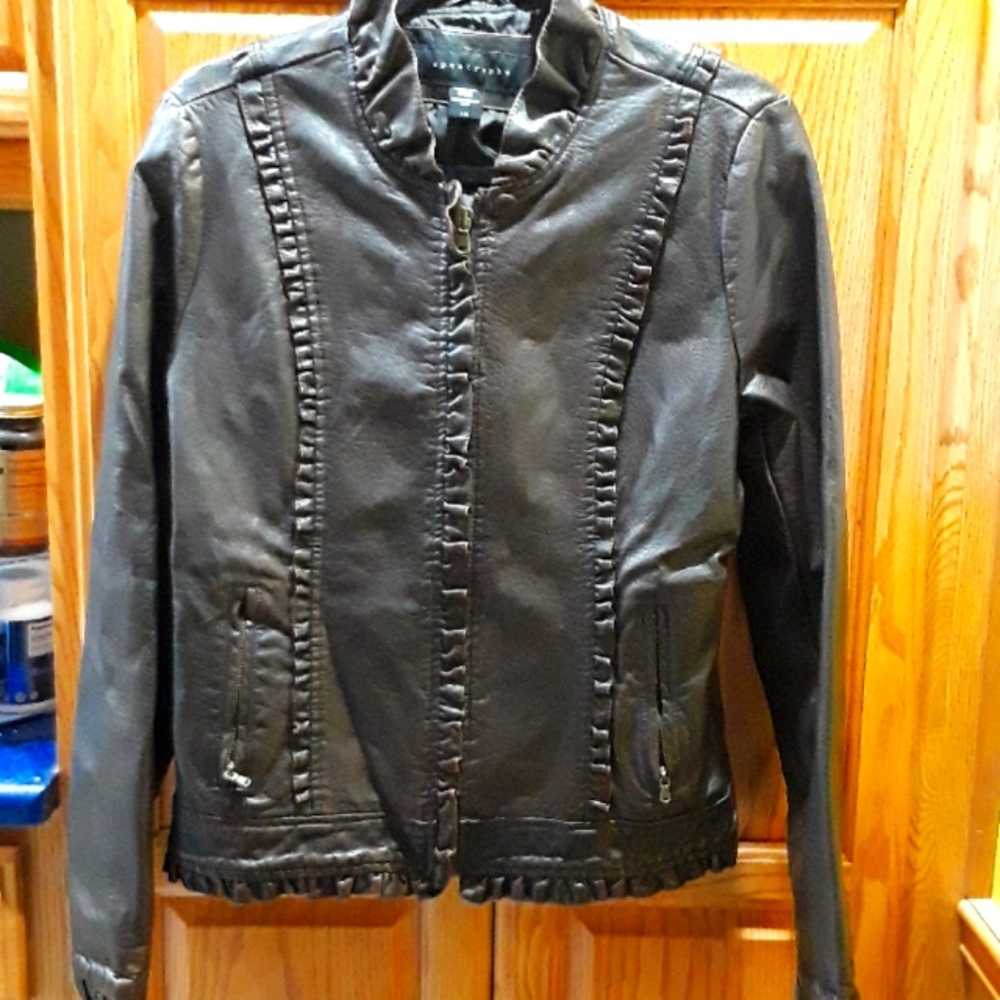 Apostrophe Faux Leather ruffle zip jacket